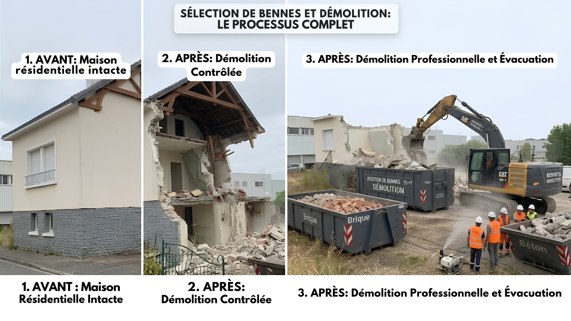 Processus complet démolition — Avant, démolition contrôlée, évacuation Vendée