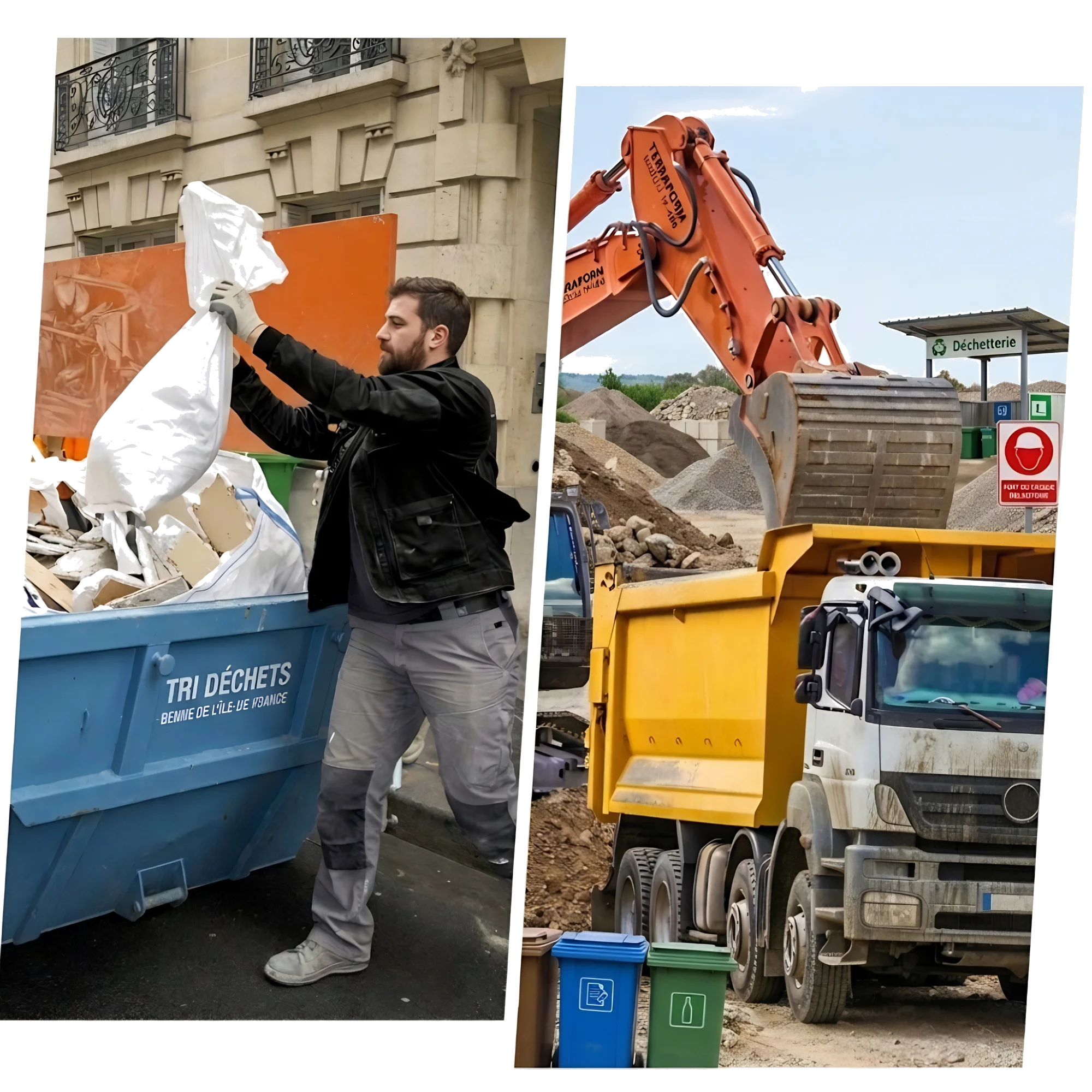 Ouvrier vidant une benne à gravats et excavatrice sur chantier — Vendée
